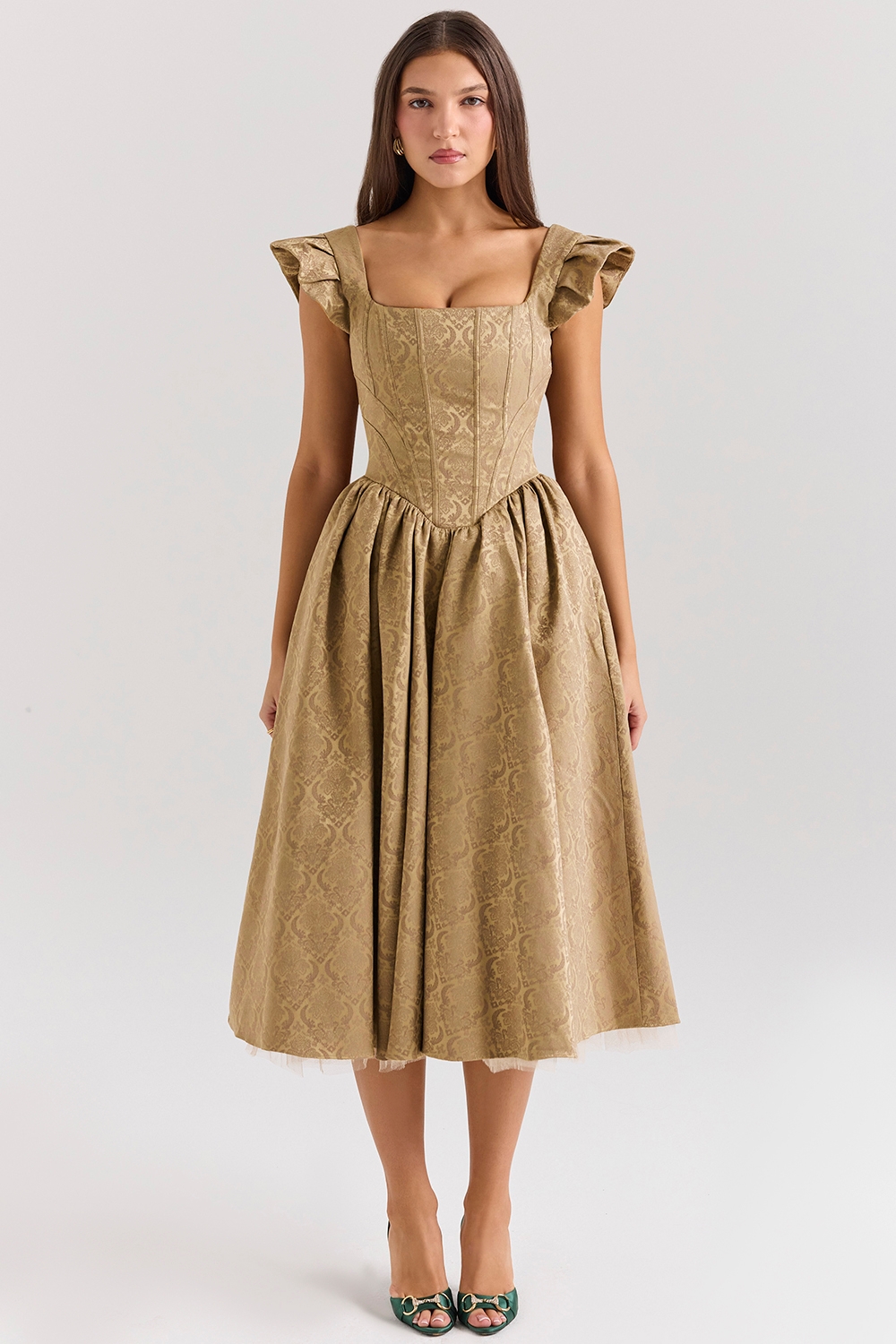 Gold Jacquard Midi Dress With Detachable Bow