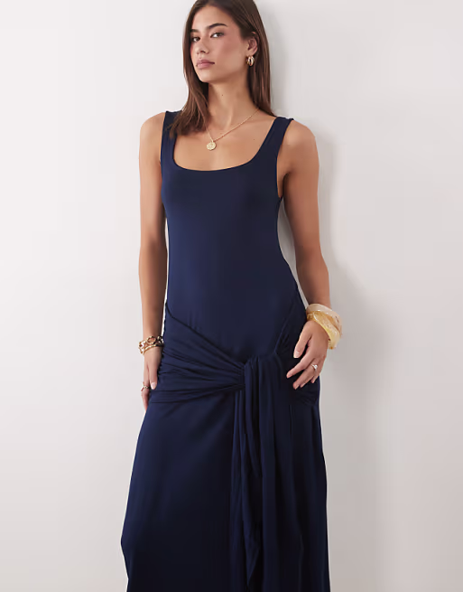 square neck with tie detail midi dress in navy