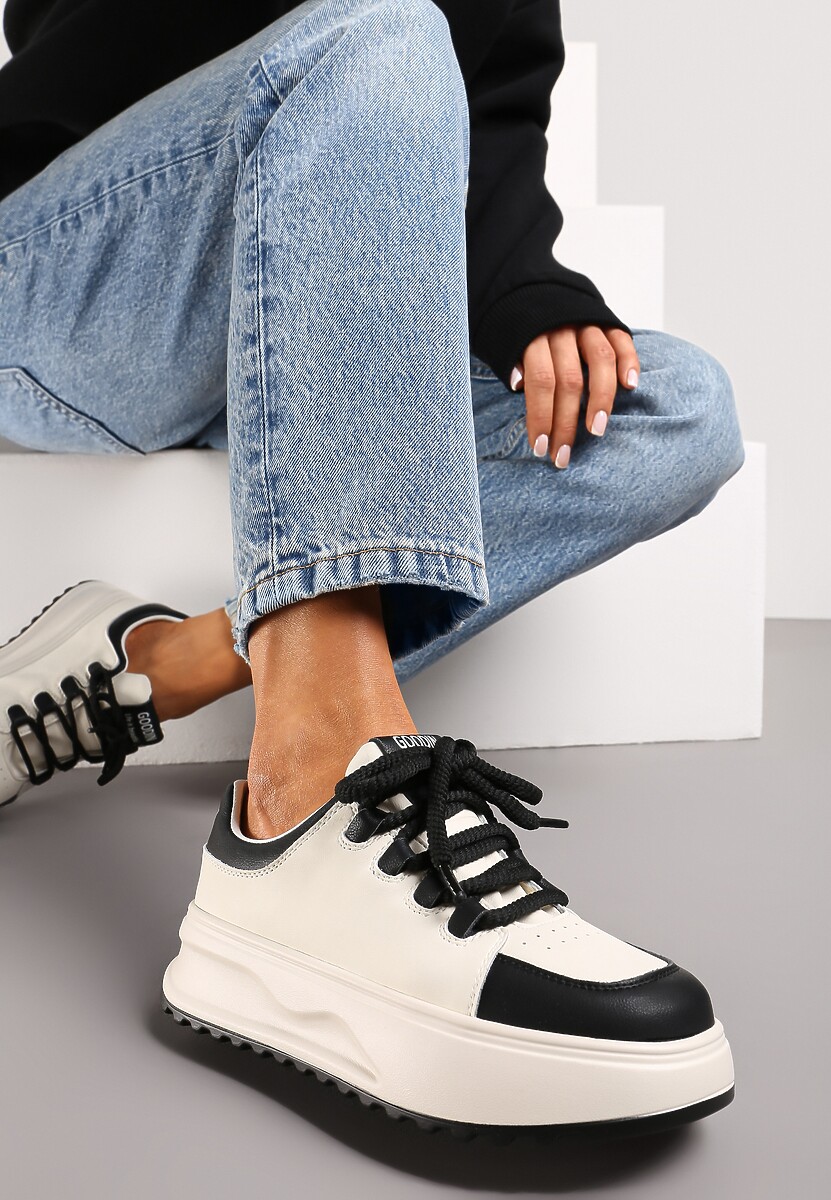 Białe Sneakersy ze Skóry Naturalnej z Platformą i Szerokimi Sznurówkami Talthea