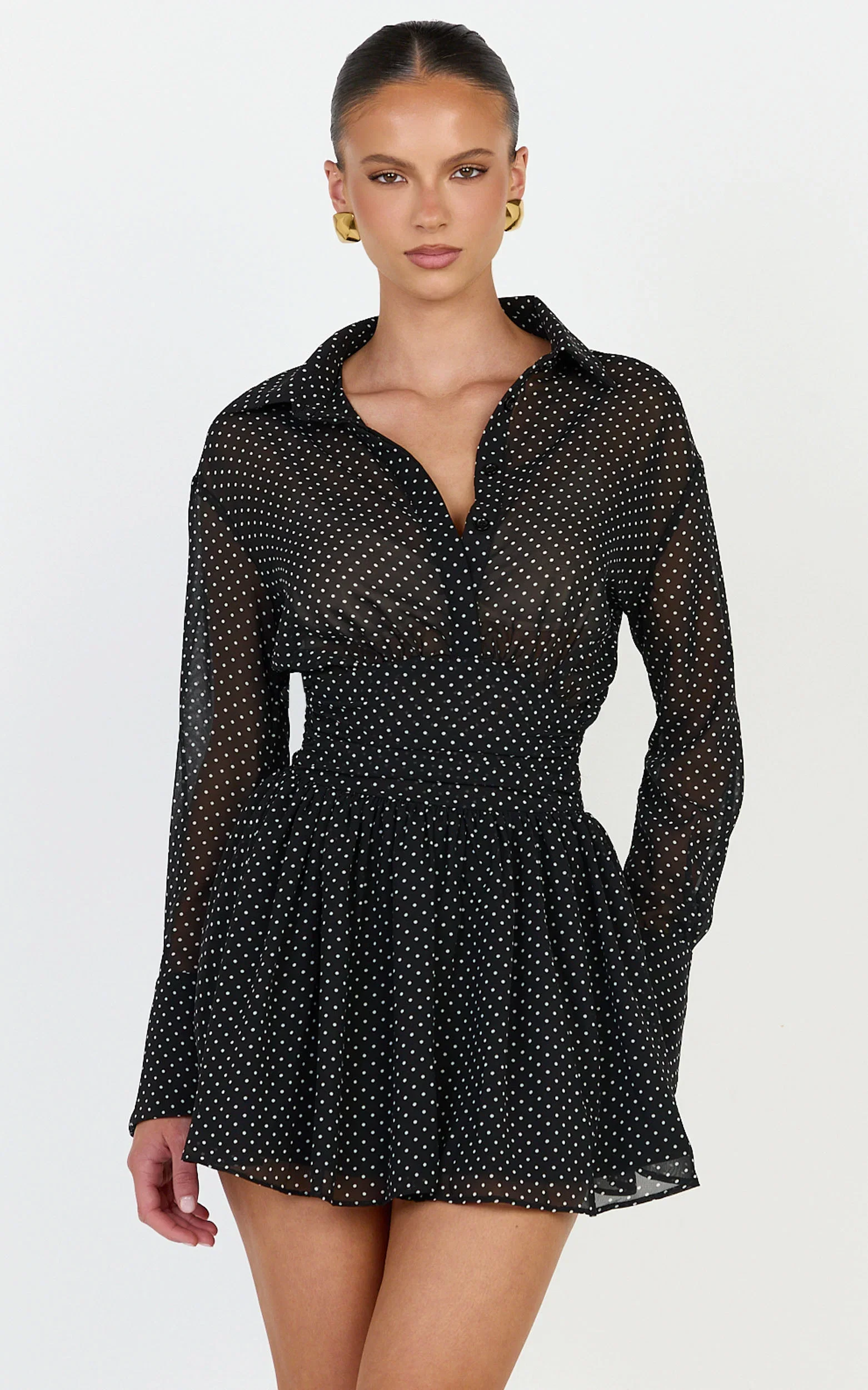 Valerie Mini Dress - Collared Long Sleeve Waist Shirt Dress in Black Polka Dot