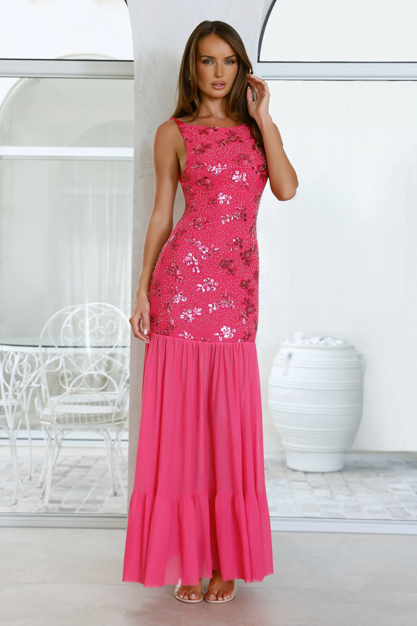 Champagne Secrets Embellished Maxi Dress Pink