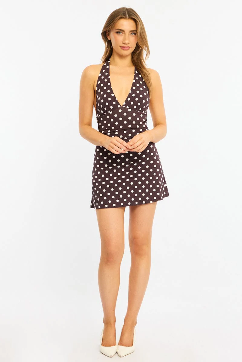Brown Polka Dot Halter Neck Mini Dress