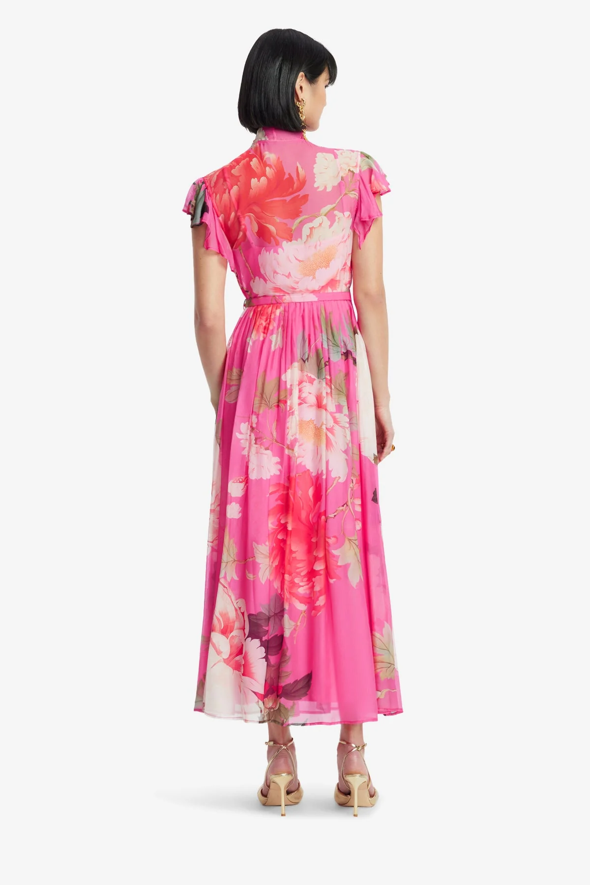 Grace Flutter Sleeve Midi Dress - Peony Print in Fuchsia