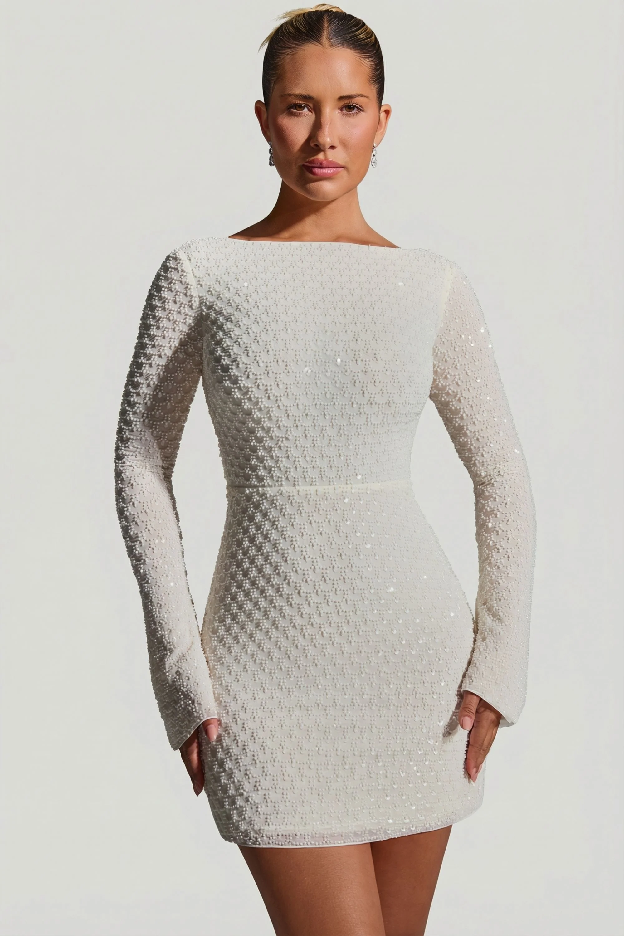 Embellished Open-Back A-Line Mini Dress in White