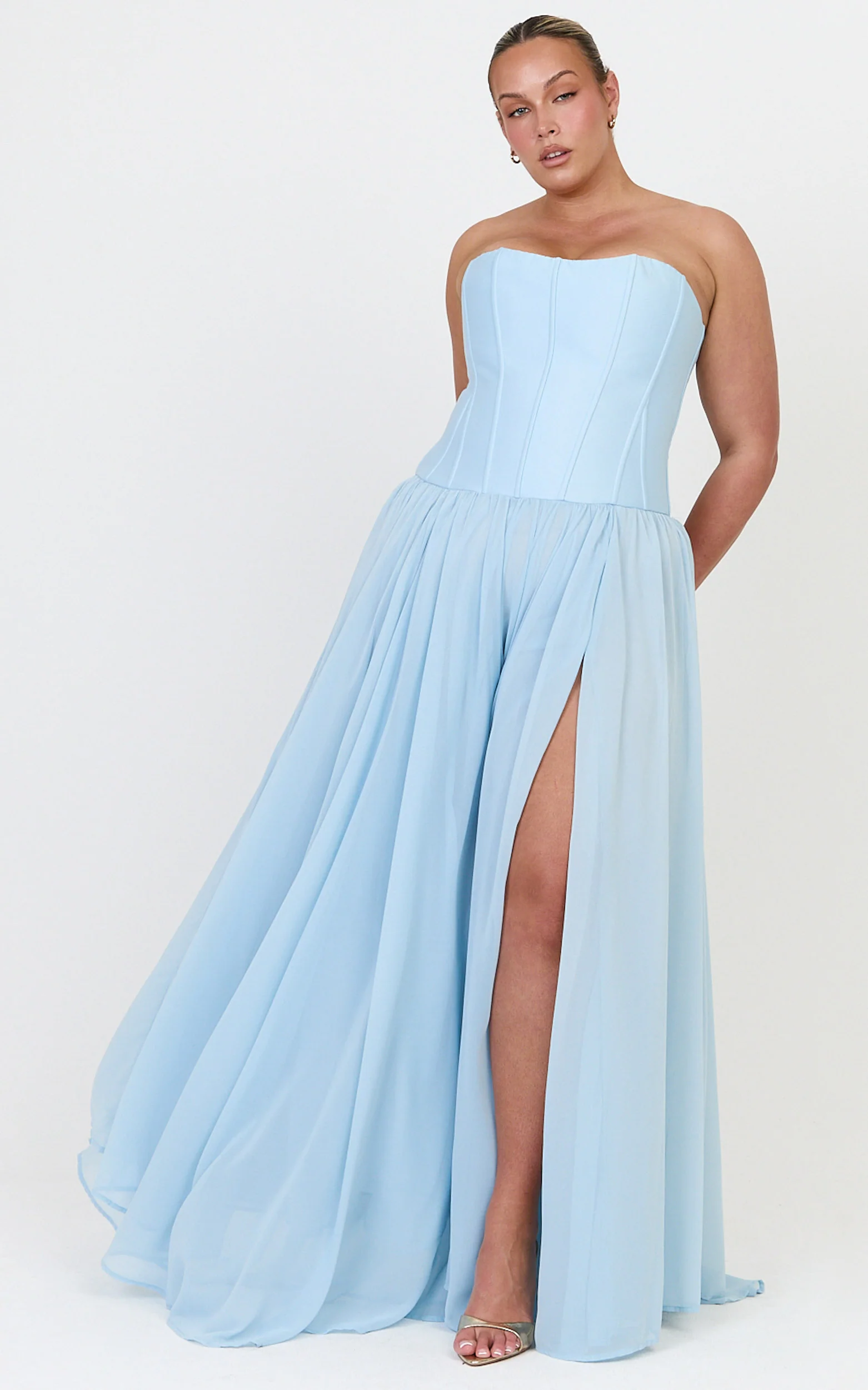 Eugene Maxi Dress - Contrast Strapless Fit And Flare High Split Dress in Blue