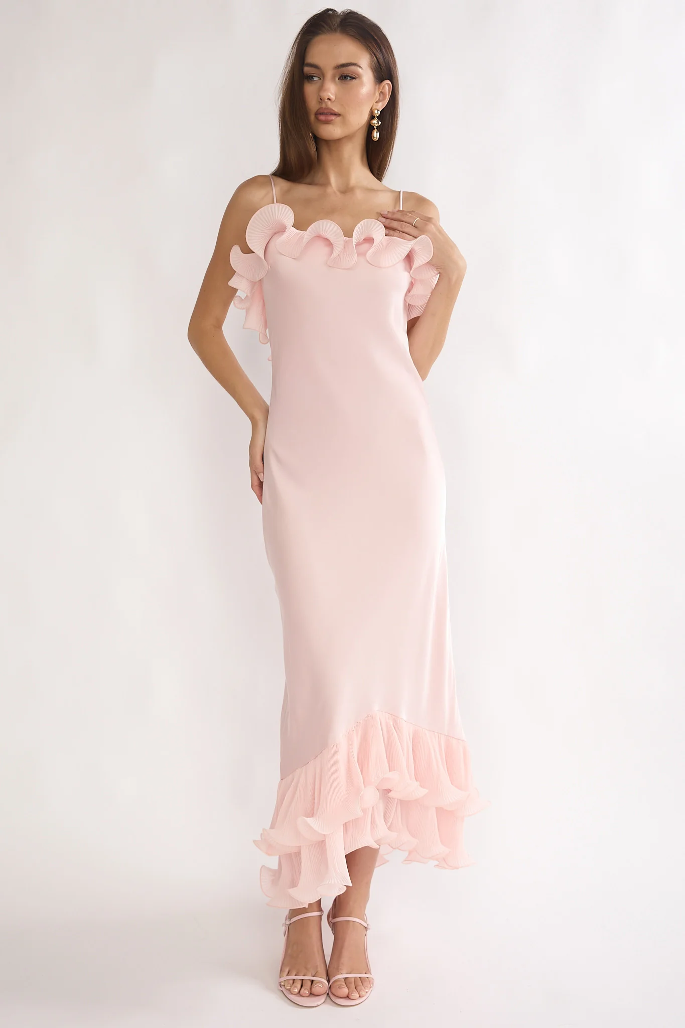 Okay, Cupid Low Back Ruffle Trim Maxi Dress Pink