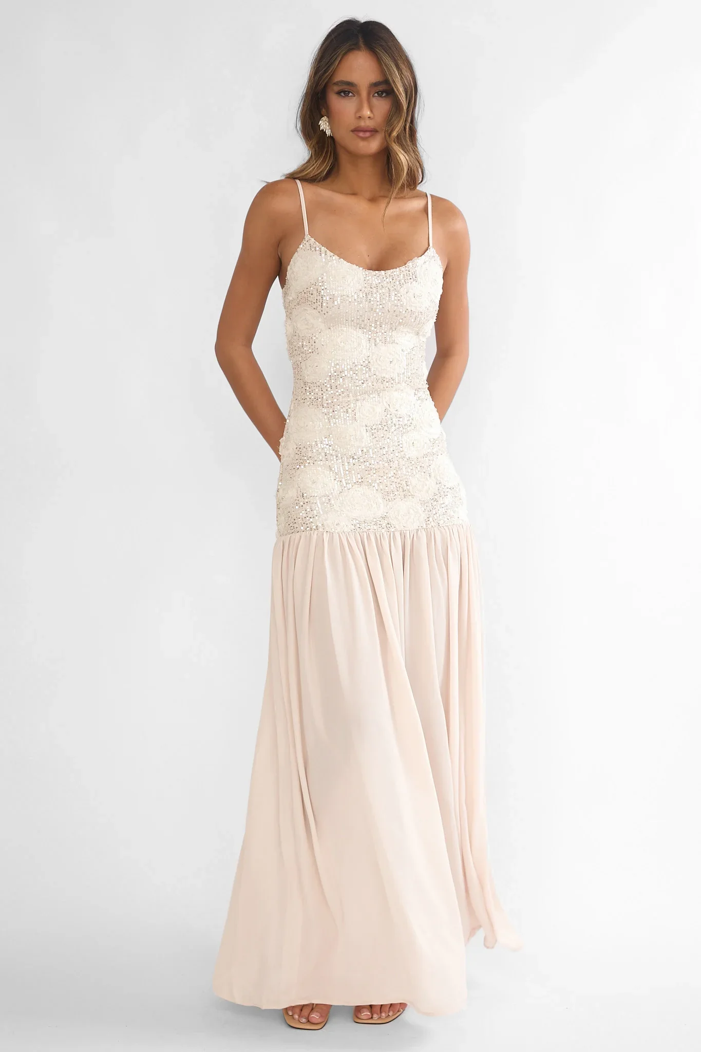 Opheliane Drop Waist Sequin Maxi Dress Champagne