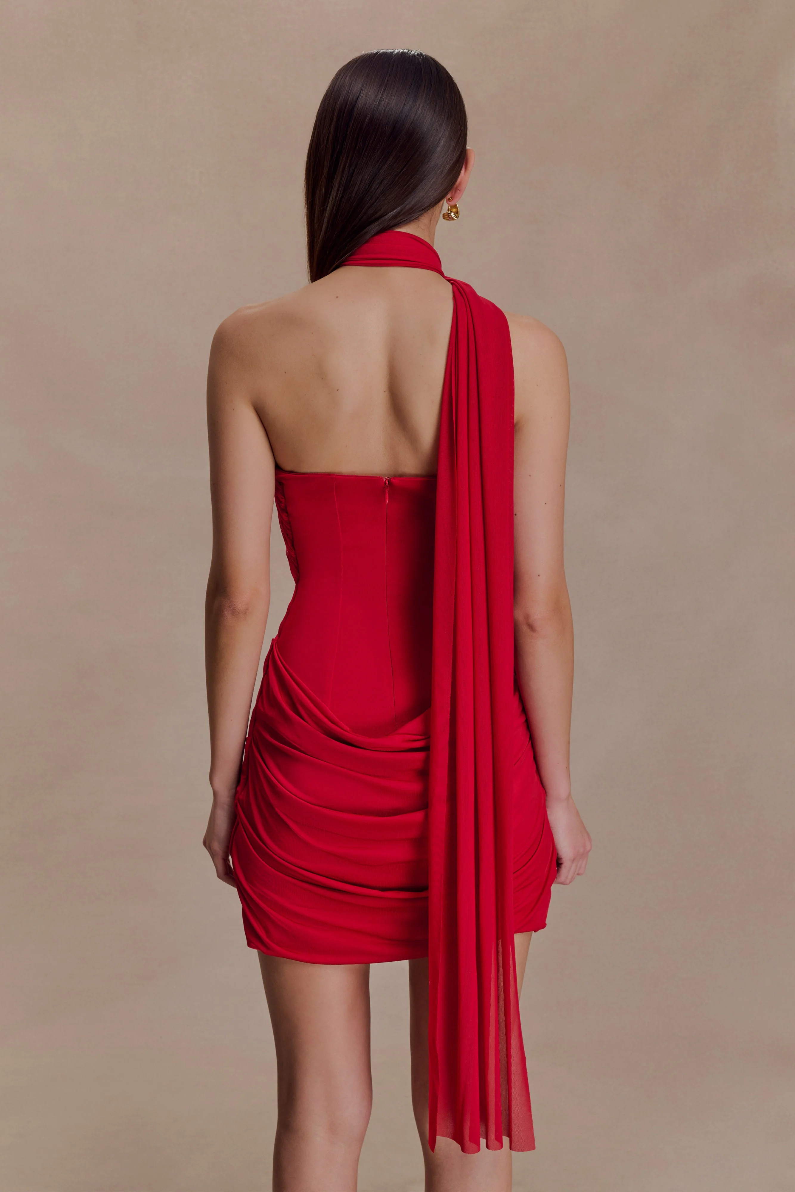 Mattea Slinky And Mesh Mini Dress With Scarf - Red