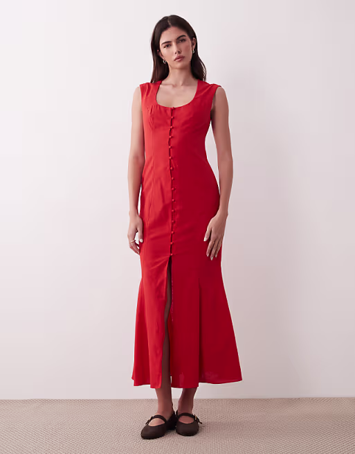 square neck button down midi sundress in poppy red