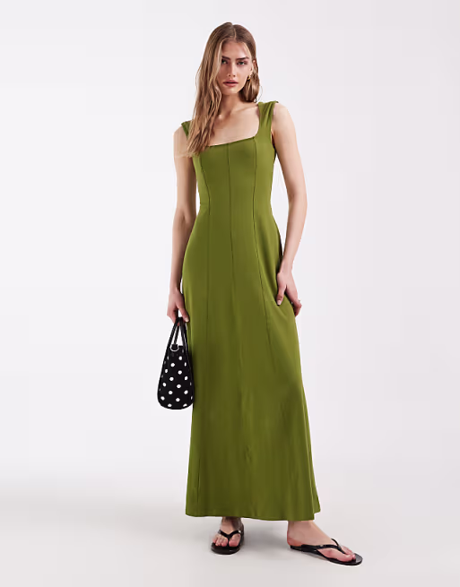square neck seam detailing midaxi dress in khaki green