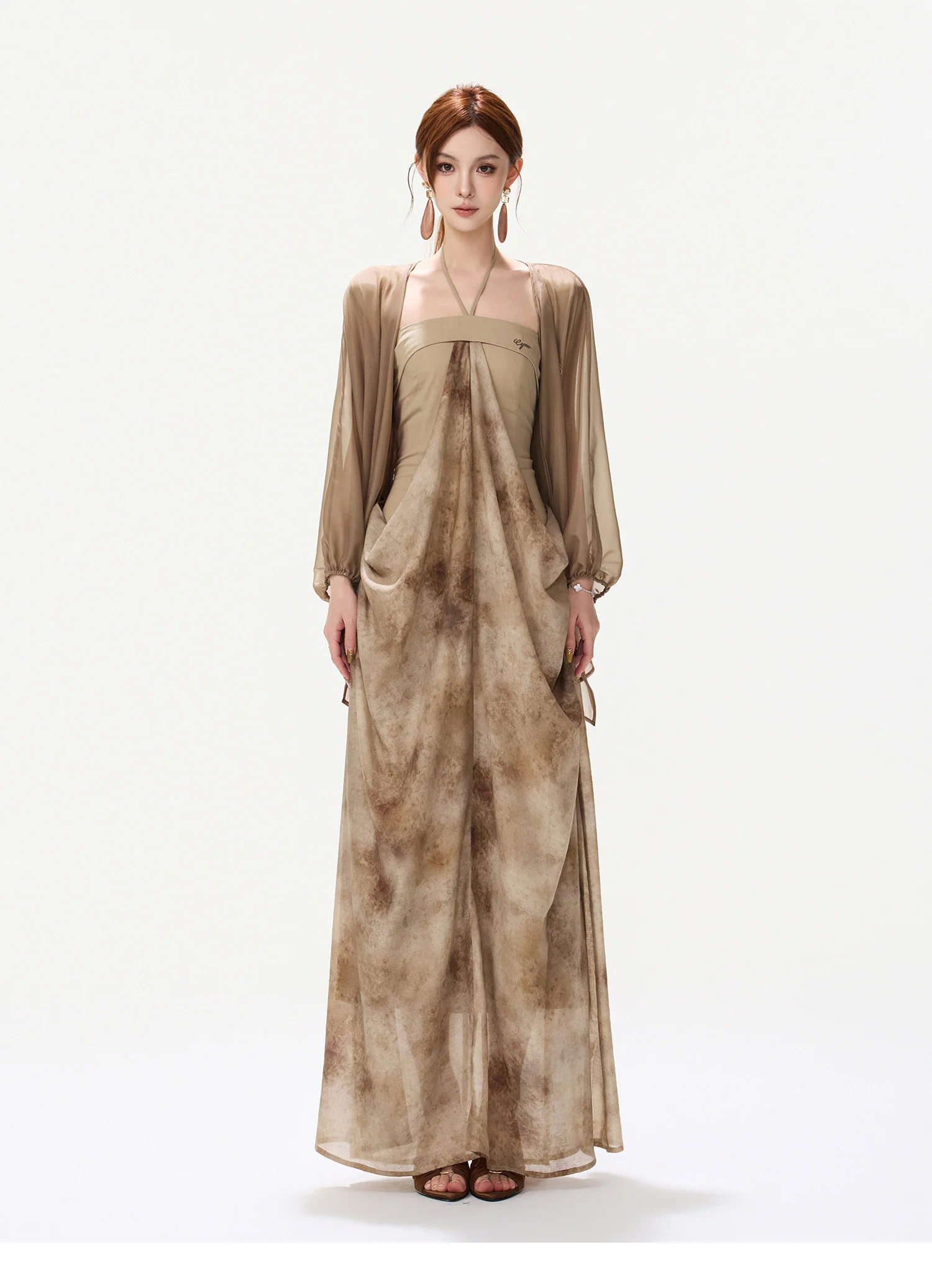 Ink-Wash Pleated Halter Dress