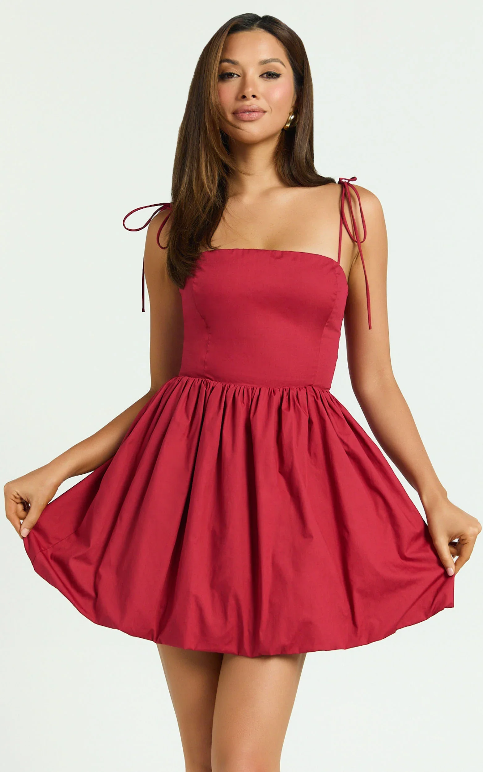 Kimberly Mini Dress - Square Neck Bubble Hem Dress in Red