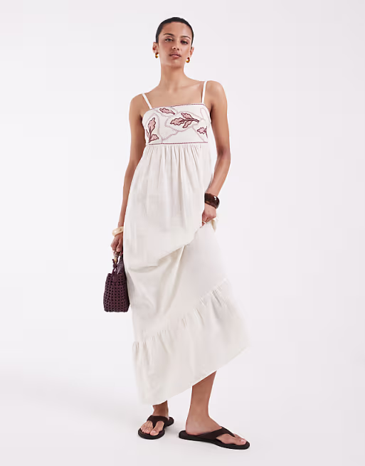 Vero Moda cotton cami maxi dress with contrast leaf embroidery in cream