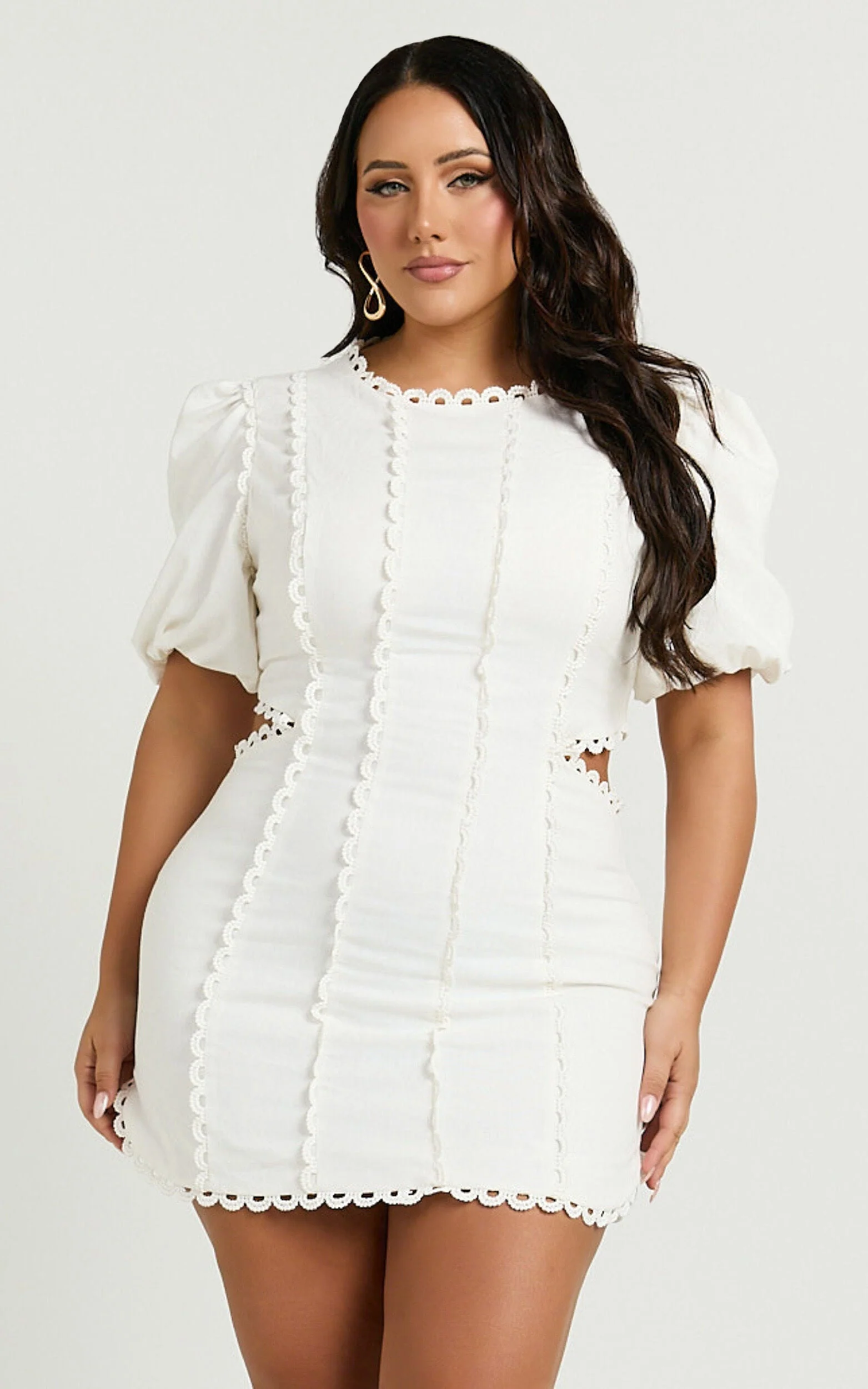 Laila Mini Linen Blend Dress - High Neck Side Cut Out Puff Sleeve Straight Dress in Off White