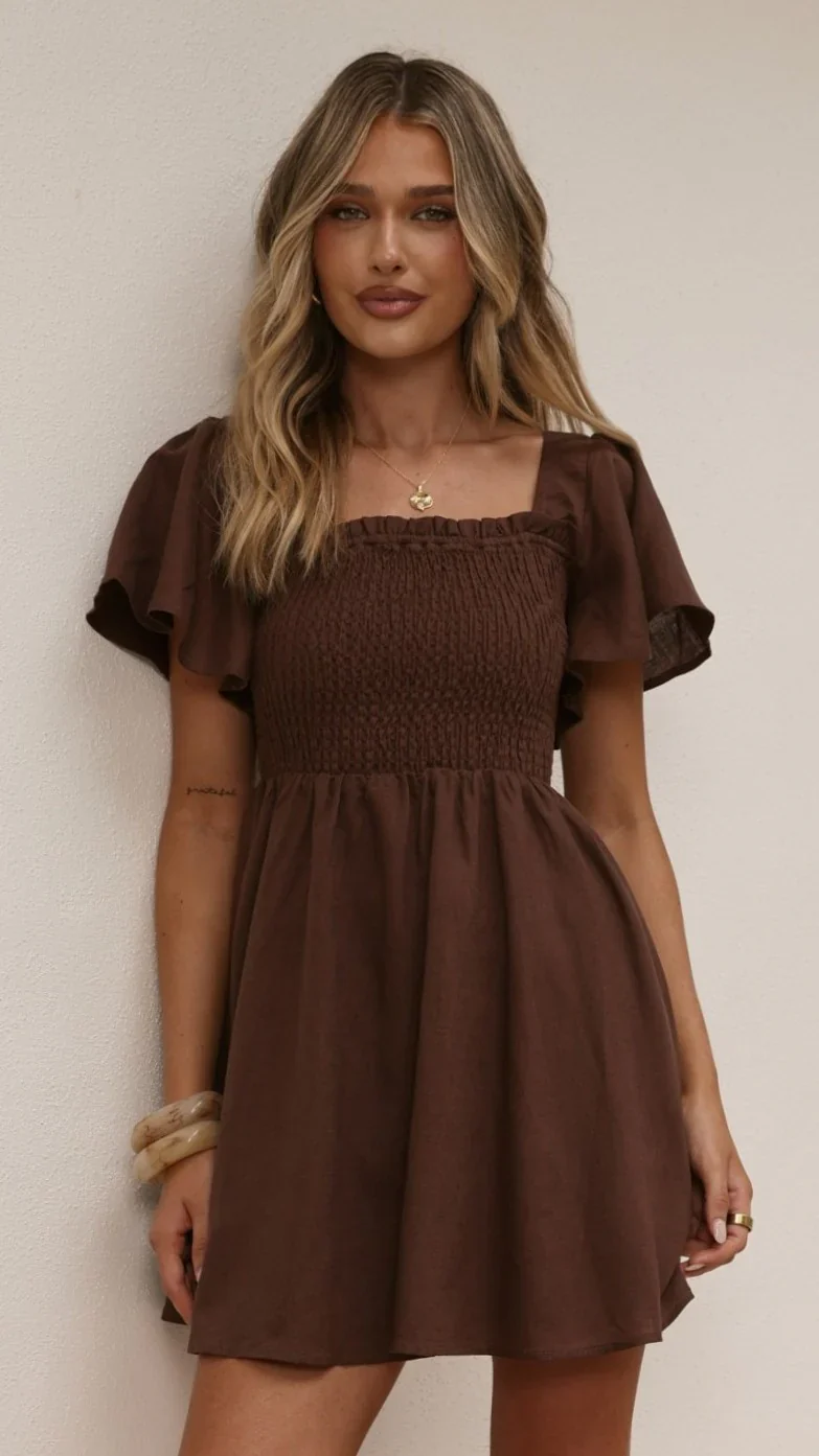 Molly Linen Mini Dress - Chocolate