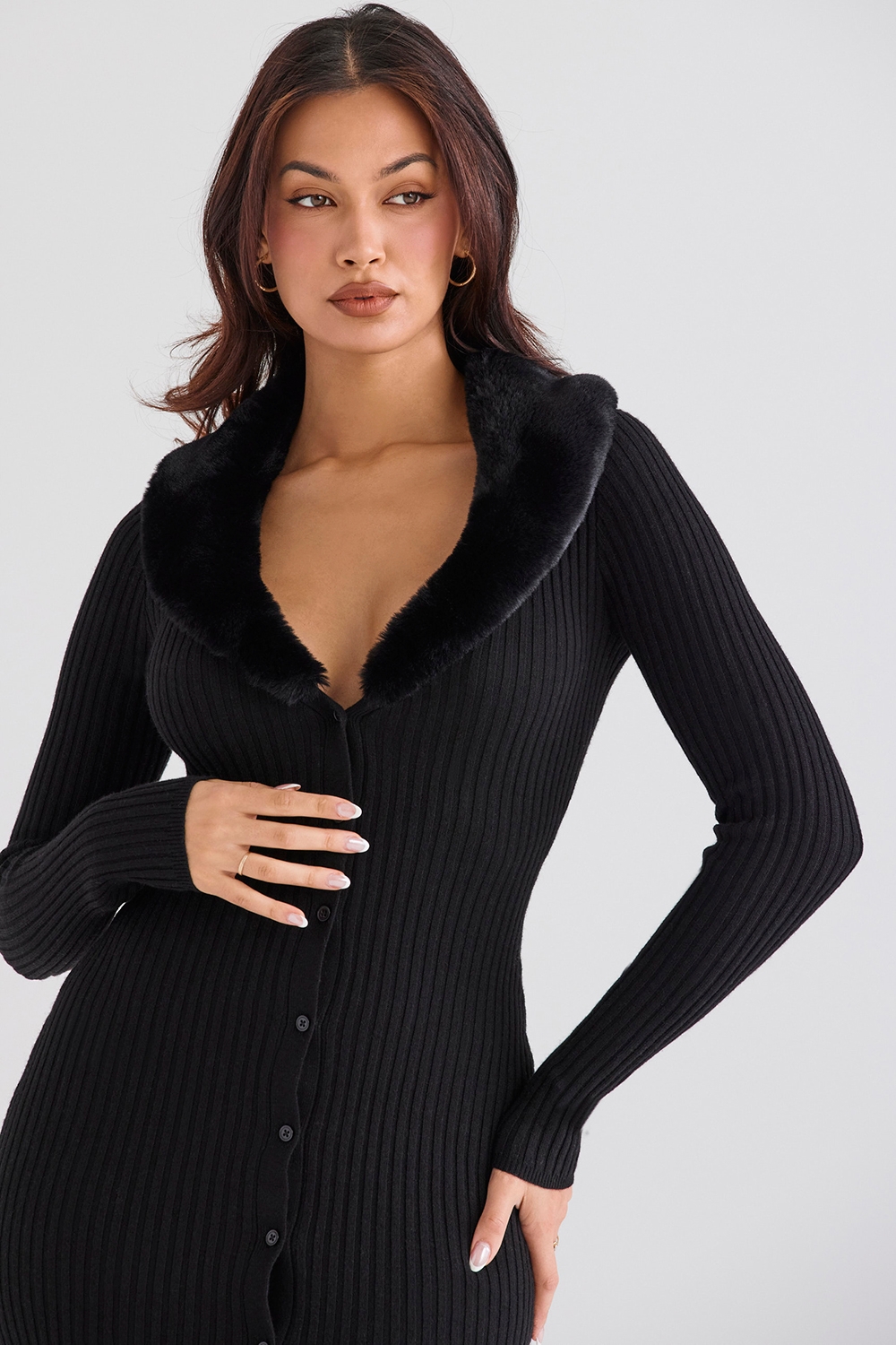 Black Faux Fur Trim Dress