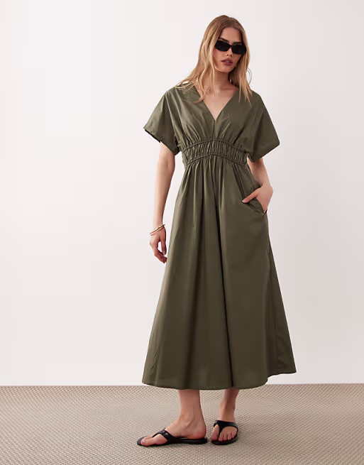 Mango v neck cinched waist midi dress in khaki