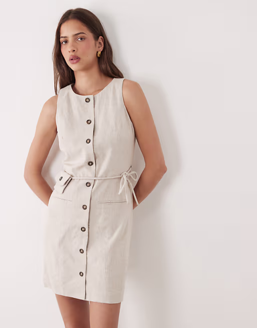 YAS linen blend tailored mini dress with coin purse tie detail in white pepper