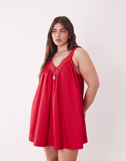 Curve poplin v-neck mini smock sundress with lace overlay in tomato red