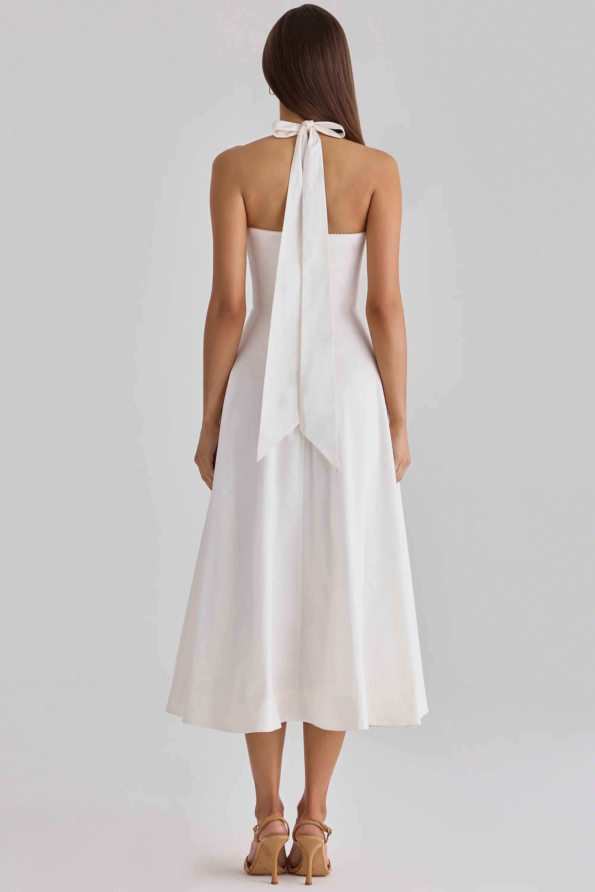 White Cotton Halter Neck Midi Dress