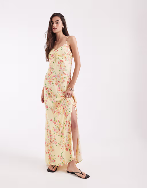 Vero Moda Tall ruched bust detailing cami midi dress in yellow based floral print