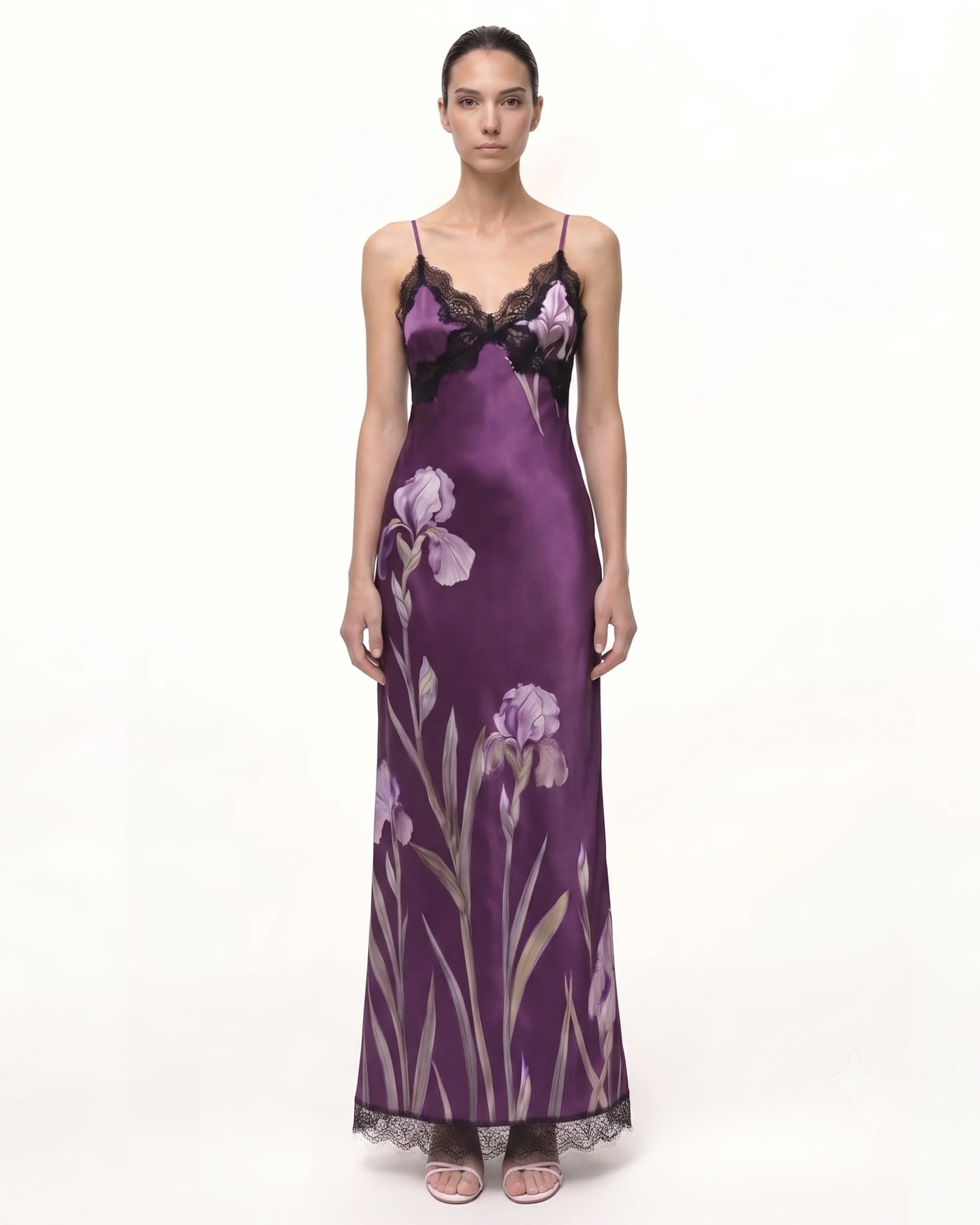 Satin Iris Print Lace Trim Spaghetti Strap Maxi Dress - Purple