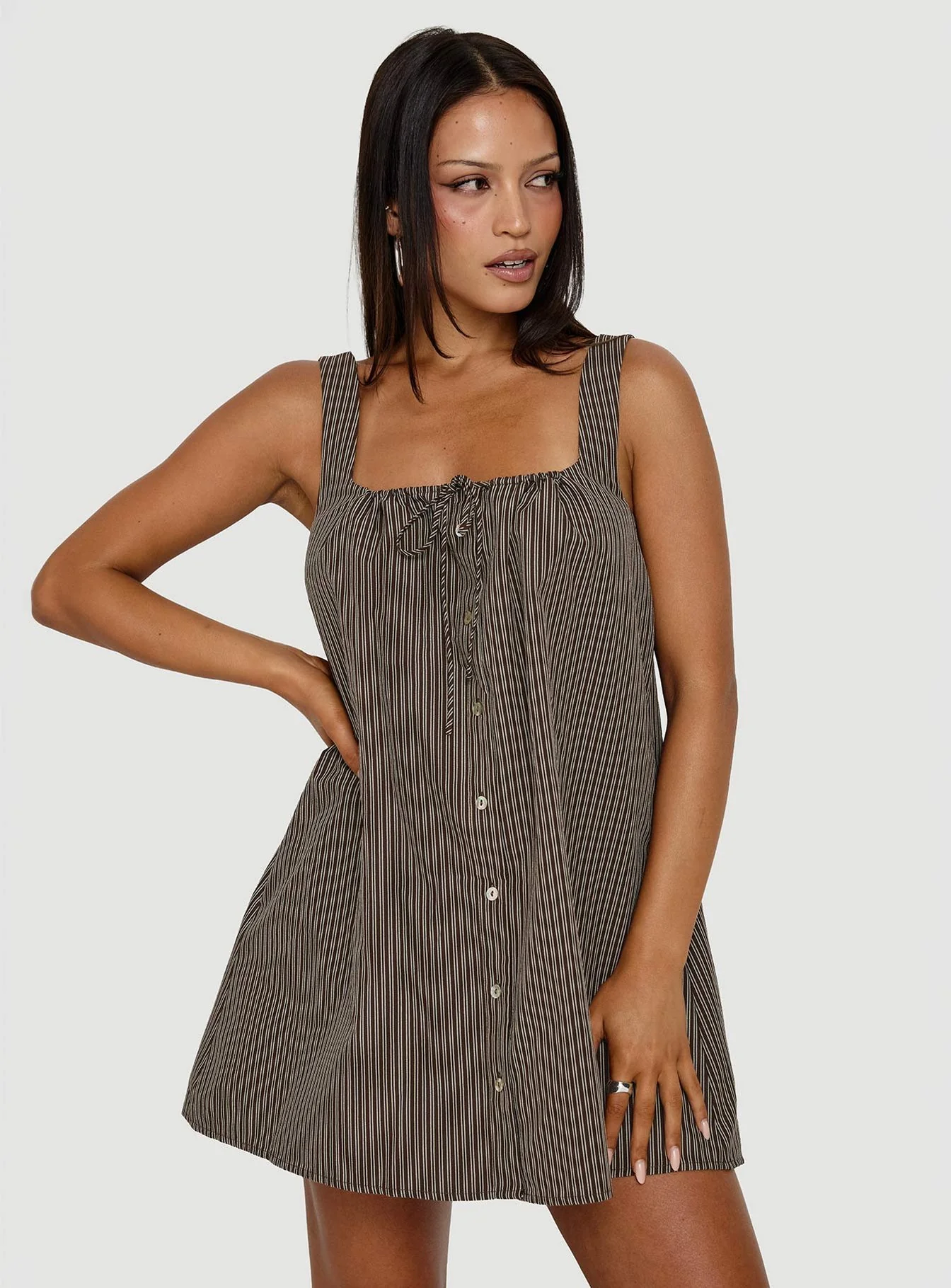 Bambalina Babydoll Mini Dress Brown Stripe
