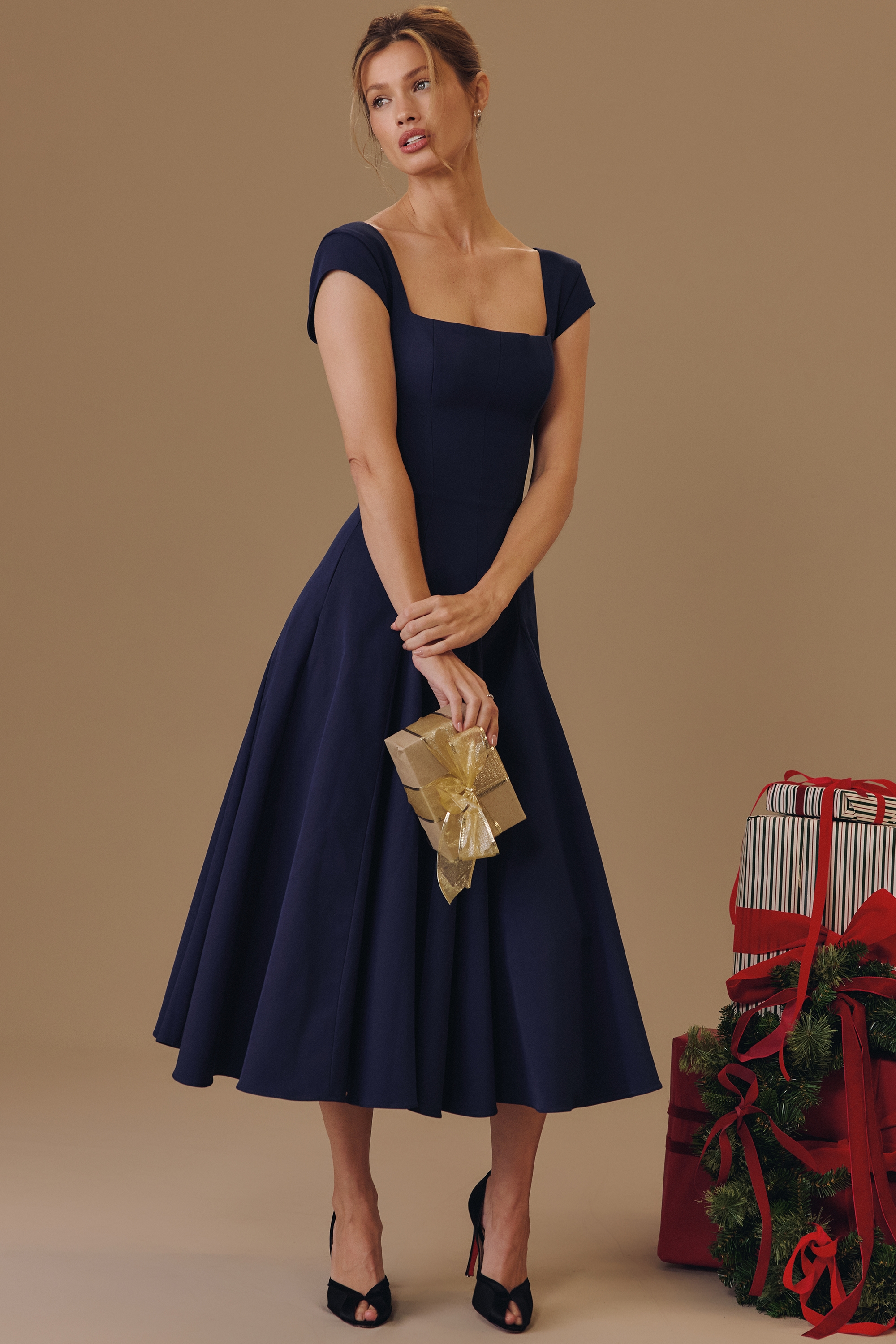 navy lace back twill midi dress