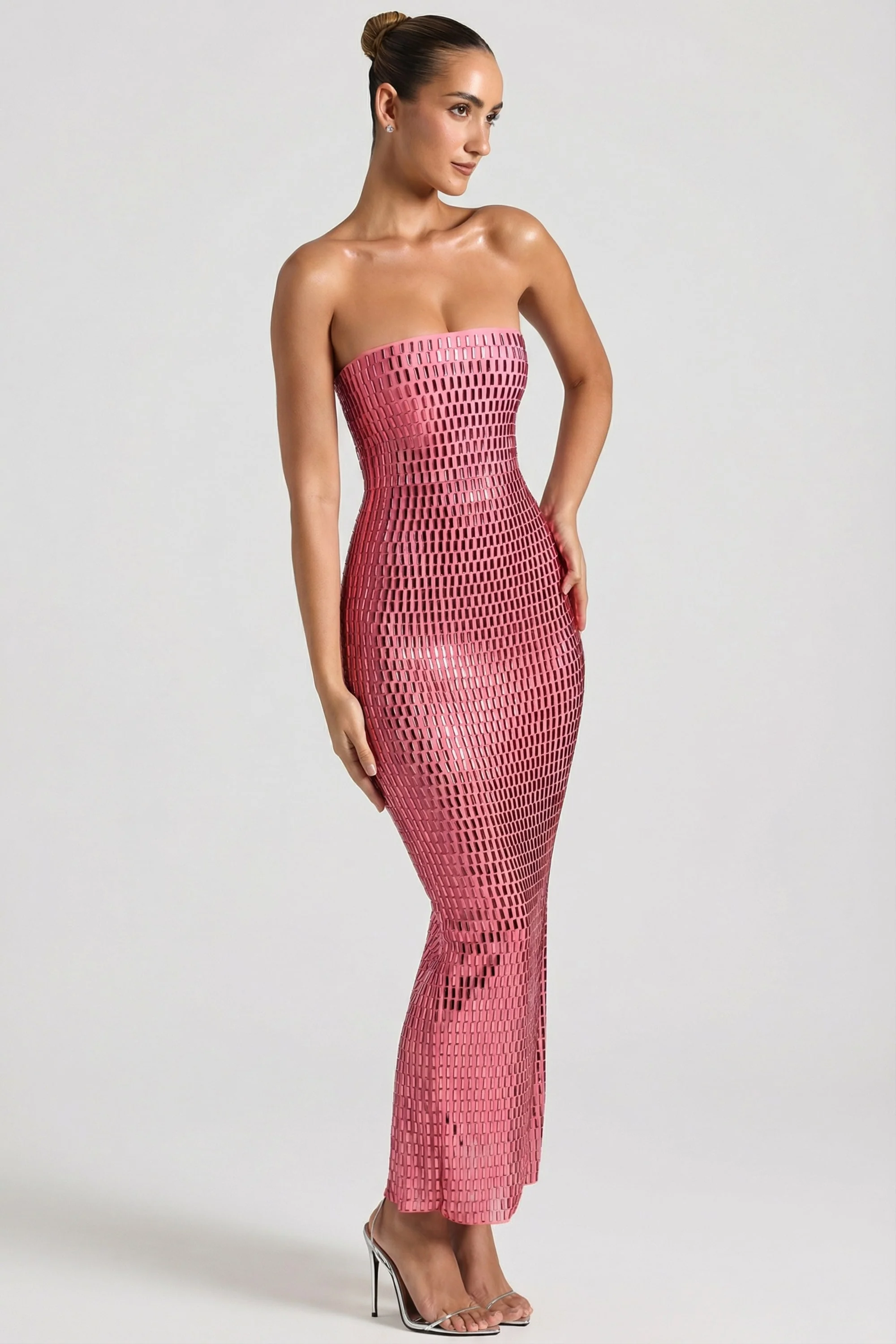 Embellished Strapless Bandeau Maxi Dress in Watermelon