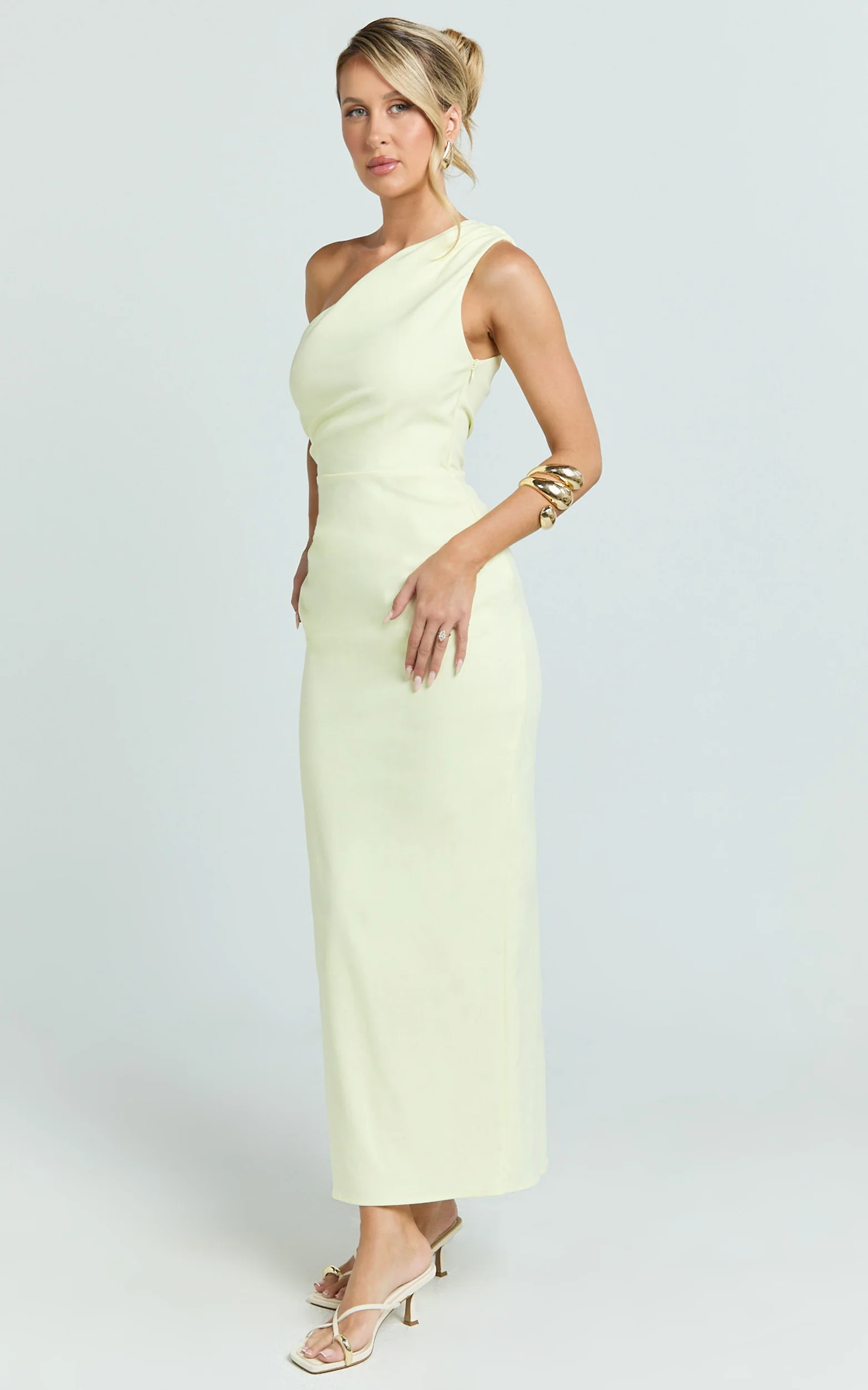 Karlie Midi Dress - One Shoulder Fitted Dress in Lemon