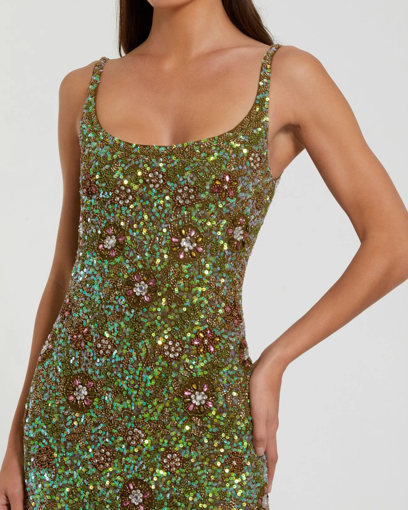 Green Sleeveless Hand Embellished Floral Maxi Dress