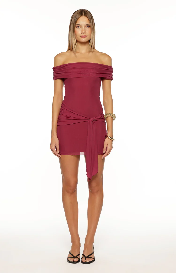 Heather Burgundy Off Shoulder Wrap Mini Dress