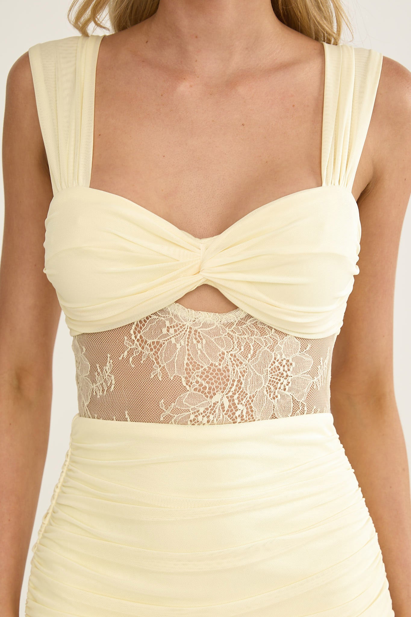 Oliana Twist Bust Lace Maxi Dress Lemon - luluinthesky