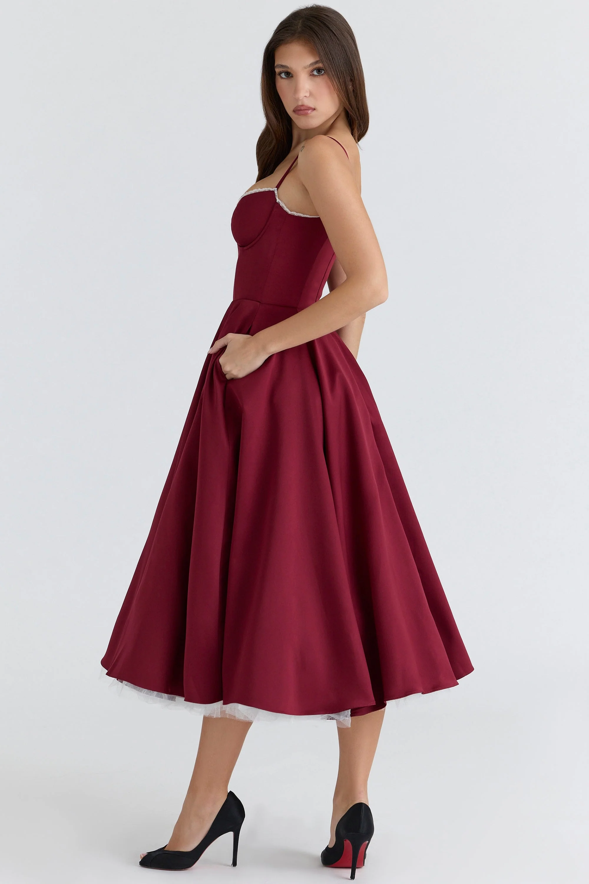 wine satin tulle midi dress