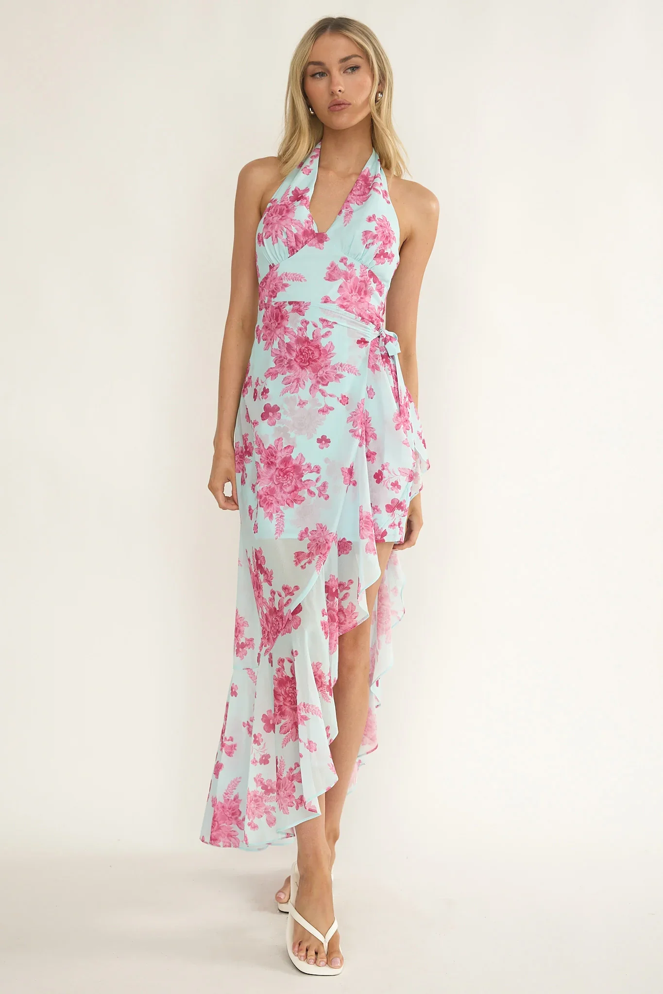 Nerida Waist Tie Asymmetric Dress Floral Ice Blue