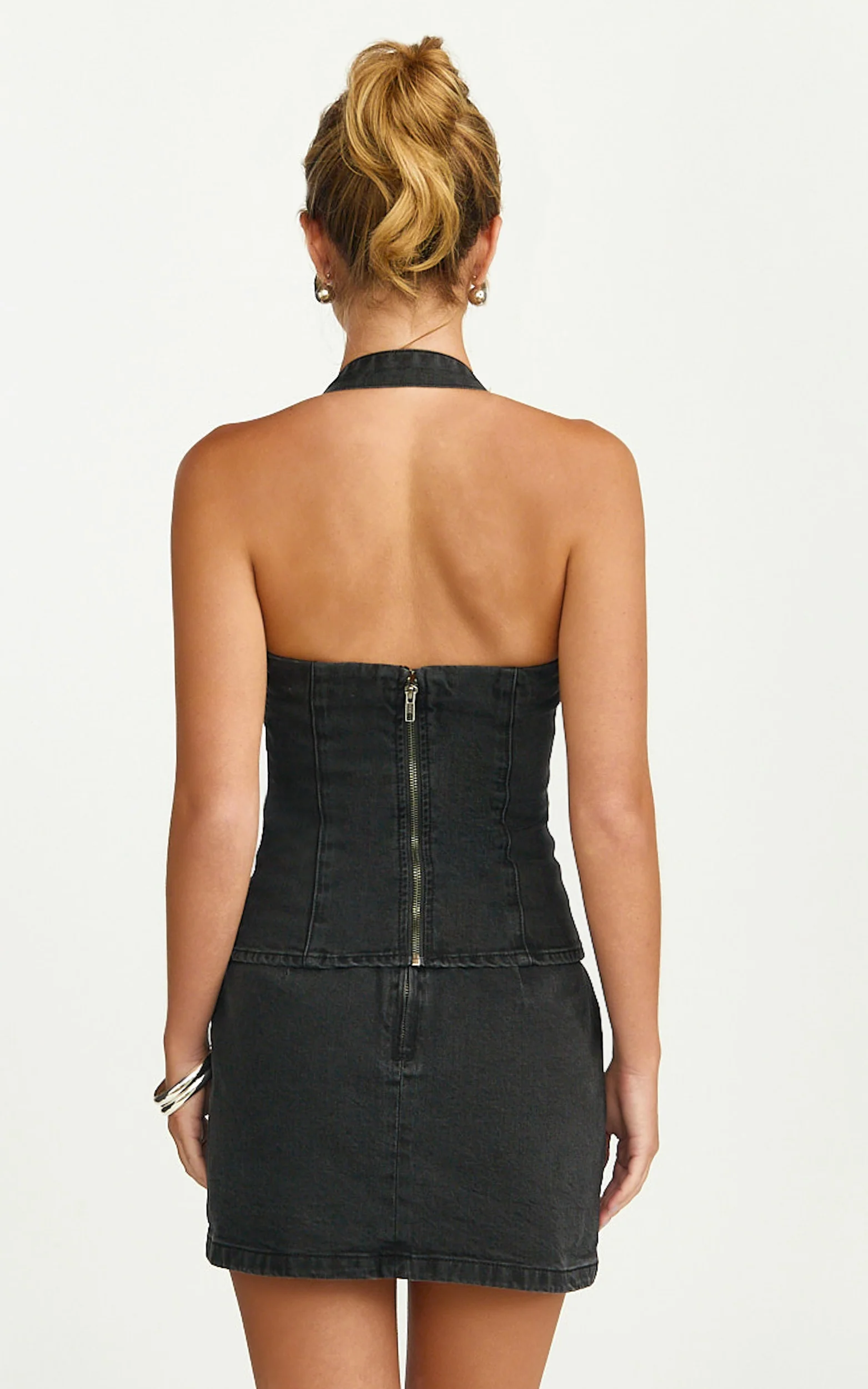 Nicky Top - Denim Hardware Buckle Halter Neck Top in Washed Black