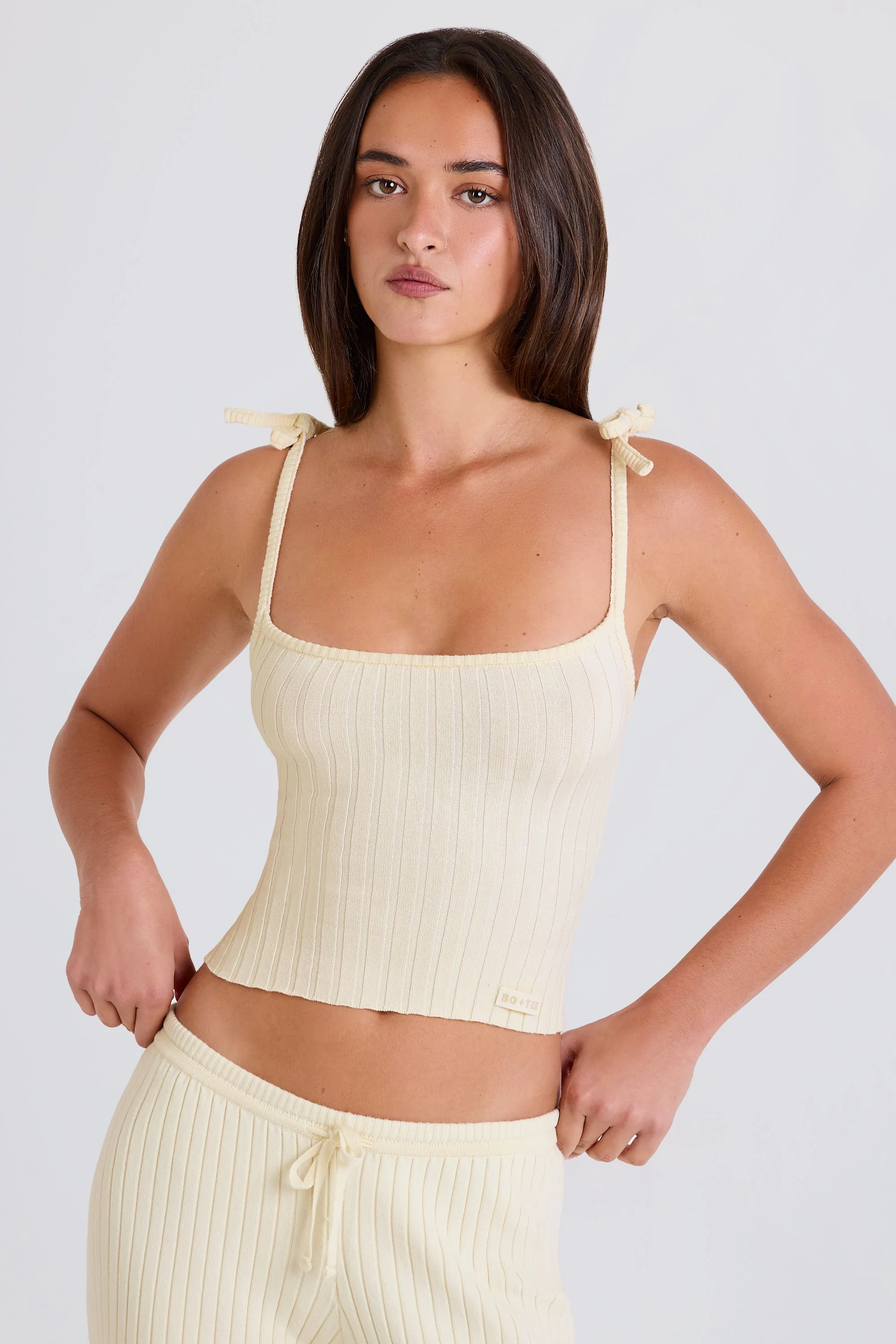 Ribbed Knit Tie Tank Top in Cream