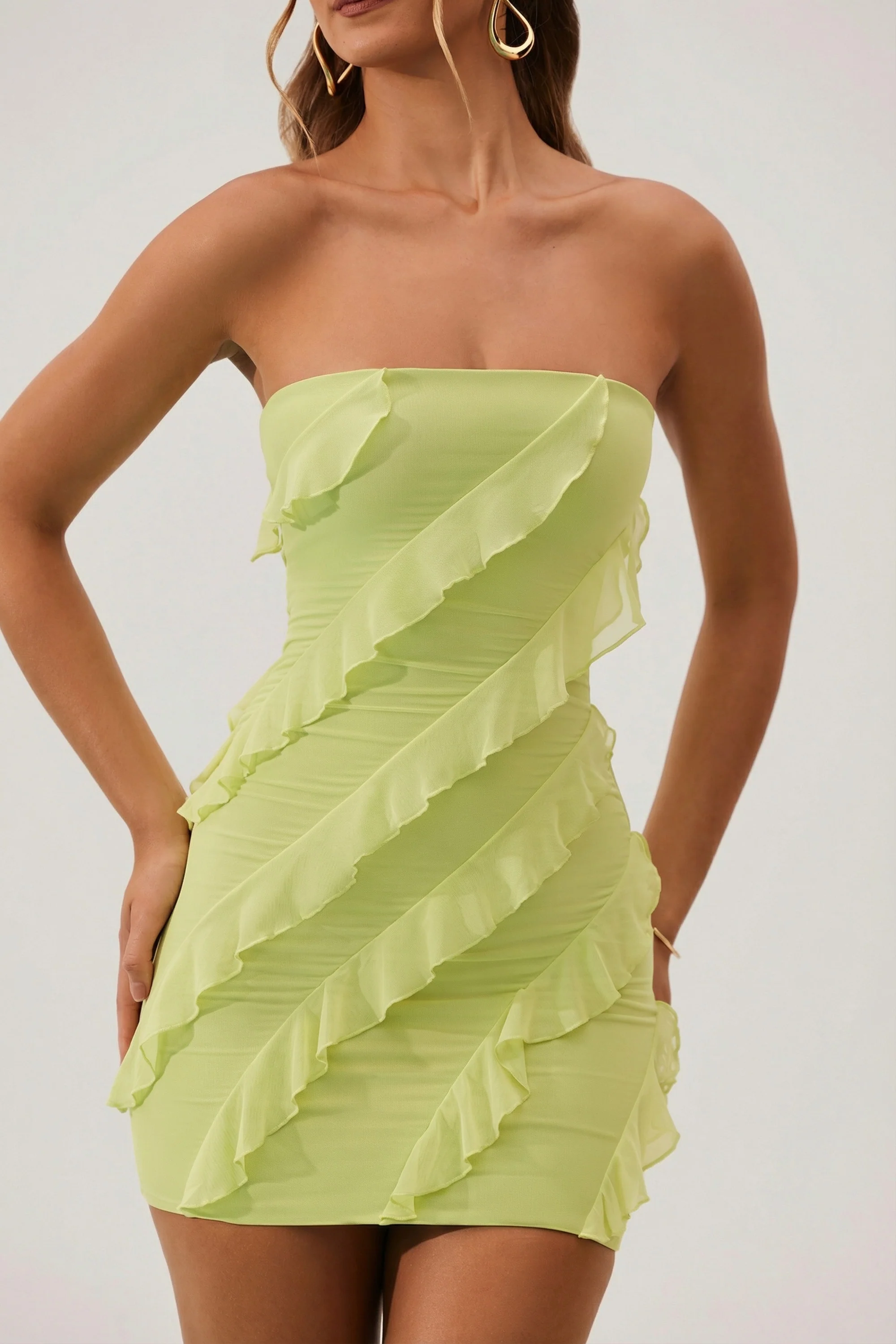 Bandeau Ruffle Detail Mini Dress in Lime Green