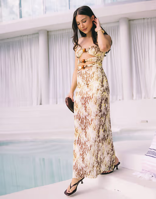 South Beach abstract print mesh maxi beach dress with cutout detail in green multi