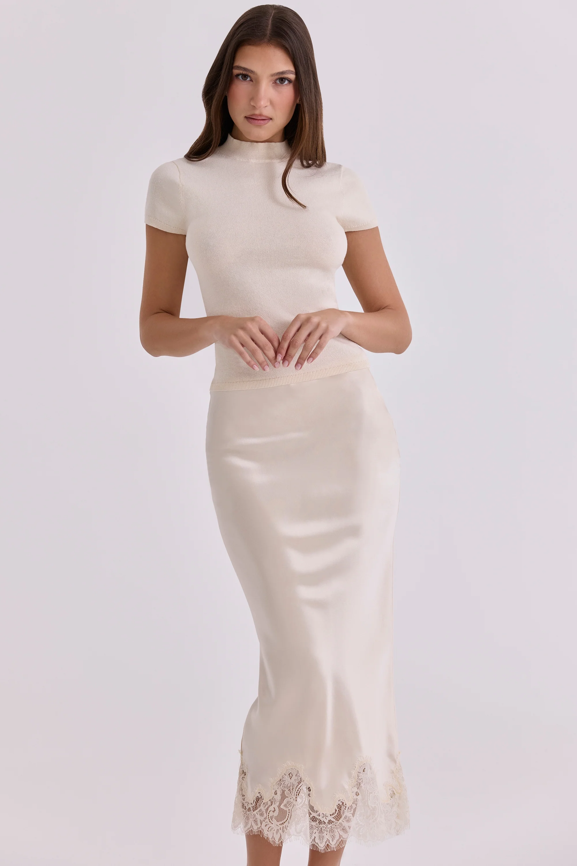 Vintage Ivory Satin + Lace Midi Skirt