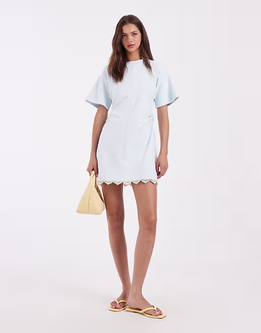 cinched waist lace detail mini dress in light blue