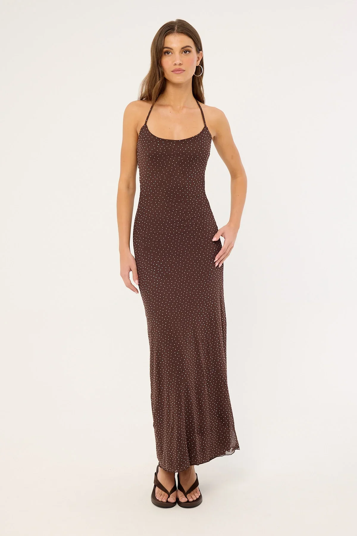 Luck & Trouble Shimmer Halter Glitter Maxi Dress Brown