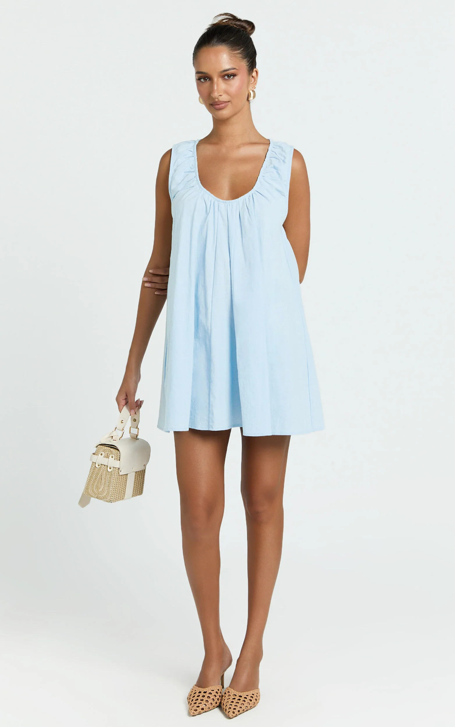 Lucinda Mini Dress - Deep U Gathered Neck Smock Dress in Pale Blue