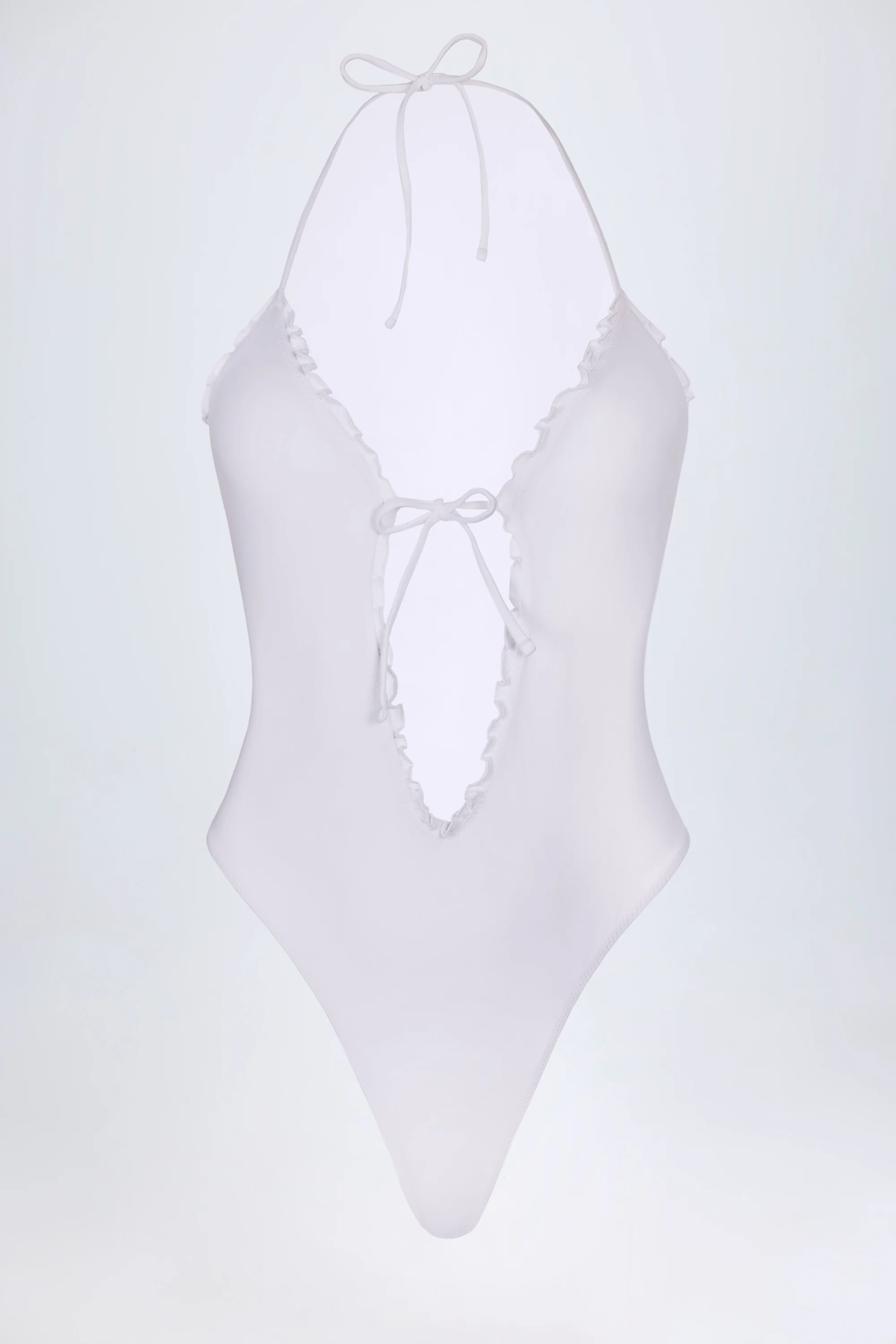 Ruffled Cut-Out Halterneck Swimsuit in White