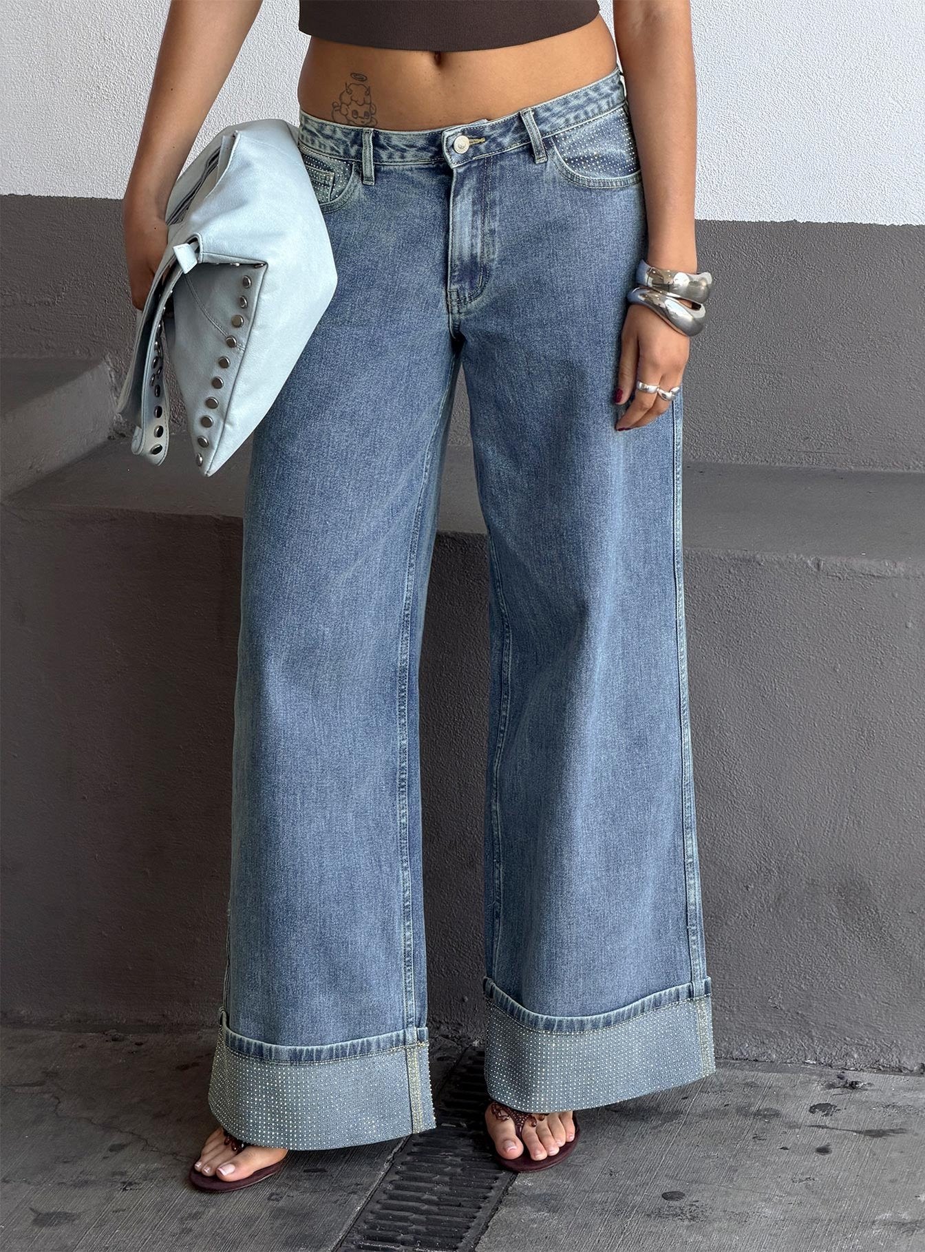 Ramos Diamante Low Rise Wide Leg Denim Jeans Washed Mid Blue