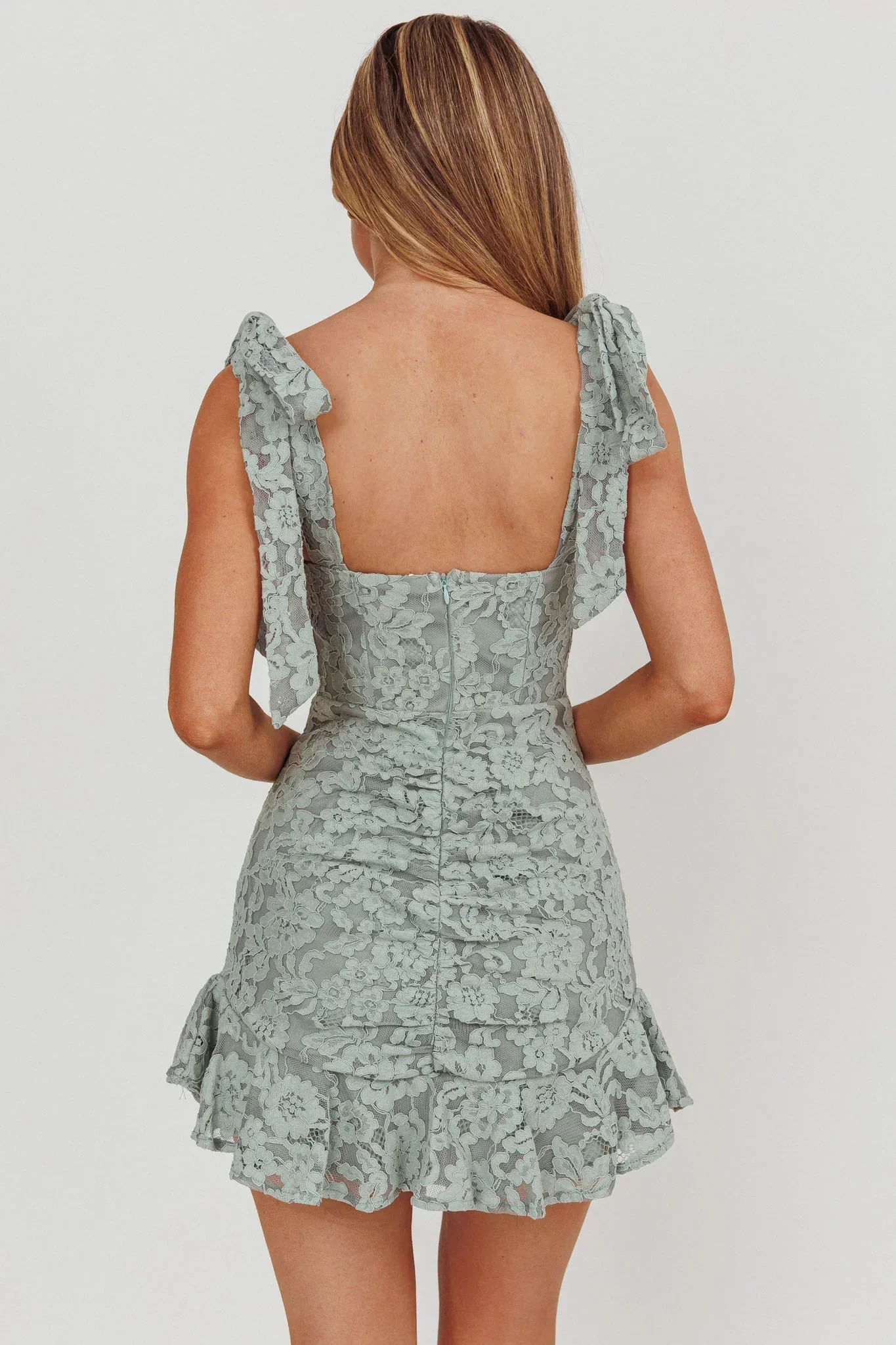 Neriah Tied Shoulder Lace Mini Dress Sage