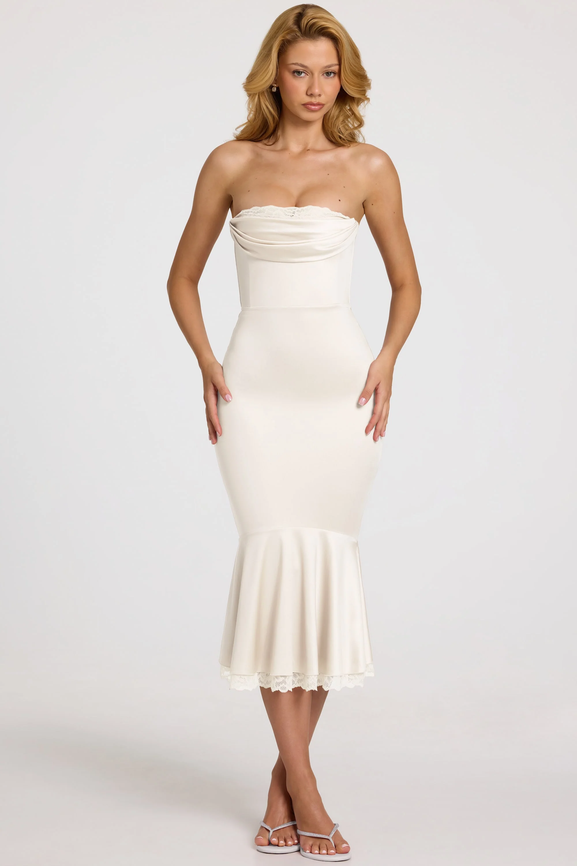 Satin Lace-Trim Bandeau Fluted Midaxi Dress in White