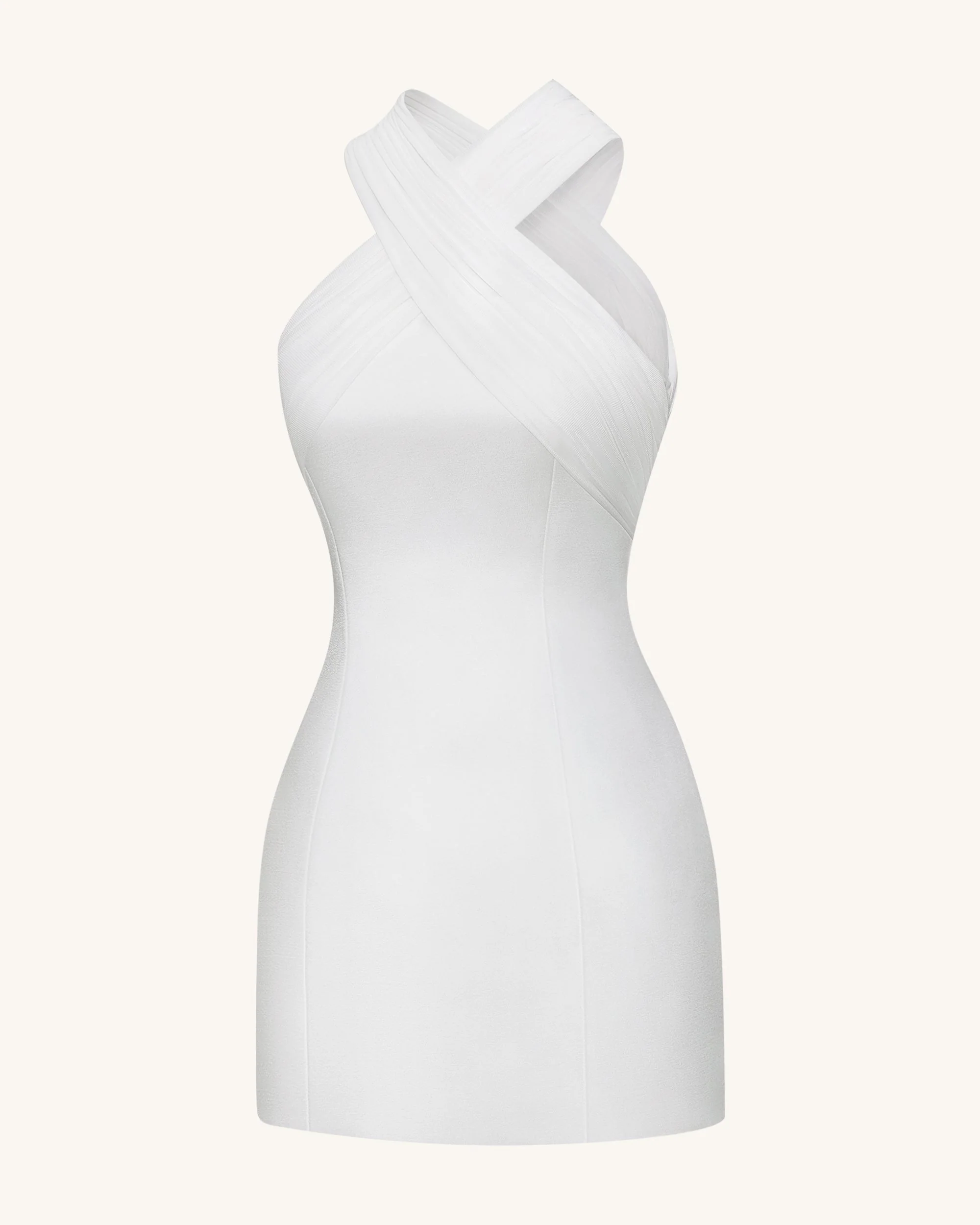 Satin Mini Dress with Tulle Cross-Halter - White - FASHION NOB