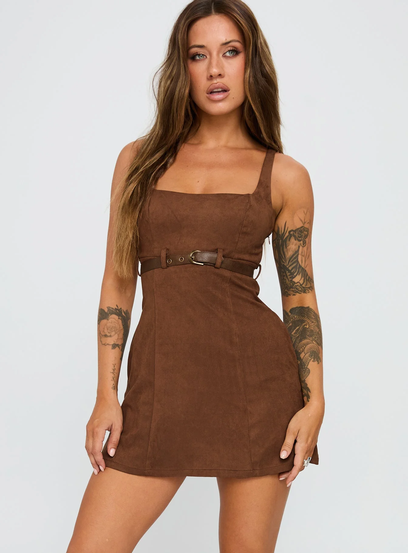 Way Back In Faux Suede Mini Dress Brown