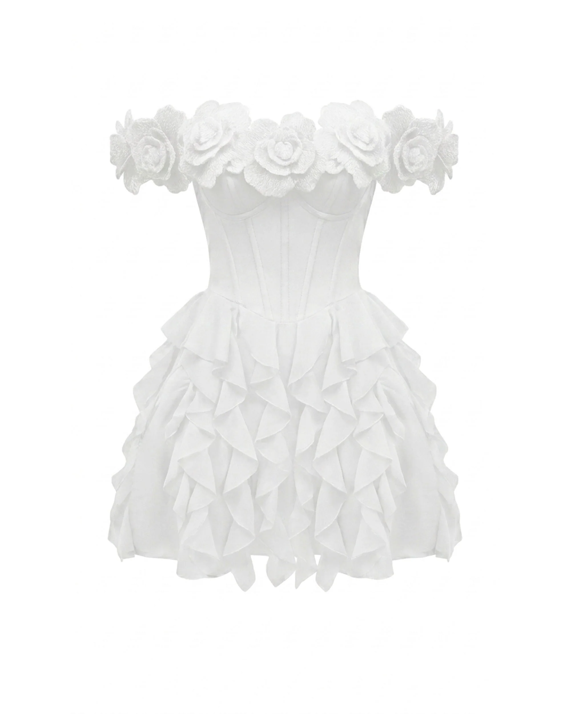 Flower Embroidered Off-Shoulder Corset Mini Dress - White